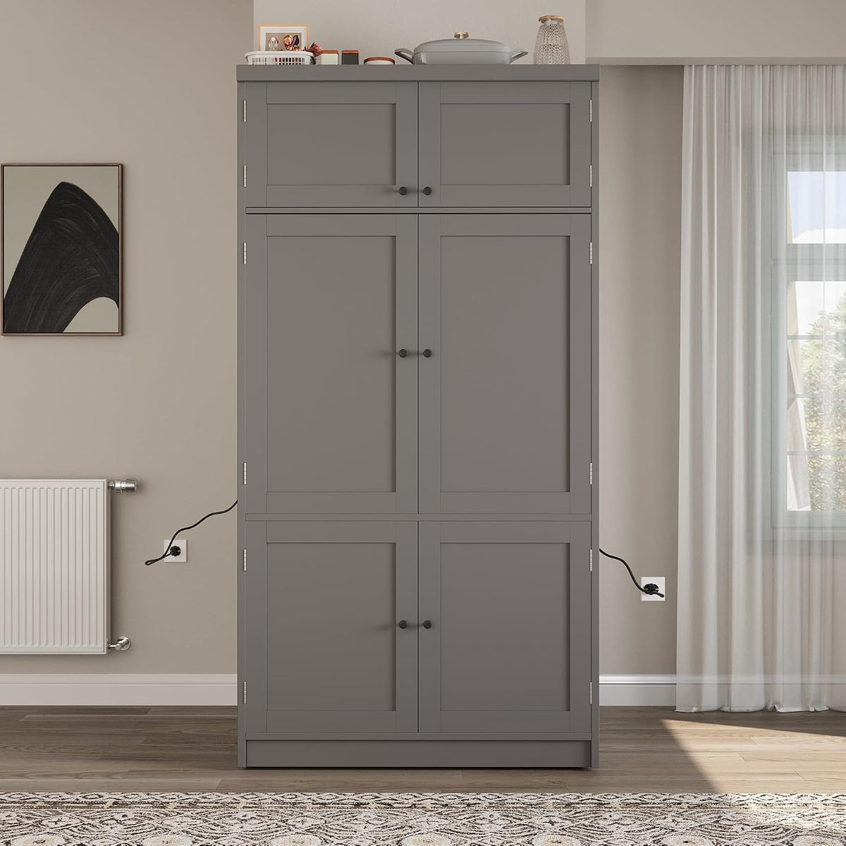 Large Kitchen Pantry Storage Cabinet, Freestanding Cupboard with 2 Power Outlets, Adjustable Shelves and Door Shelves, Tall Storage Cabinet for Kitchen, Dinning Room, Living Room (Grey)