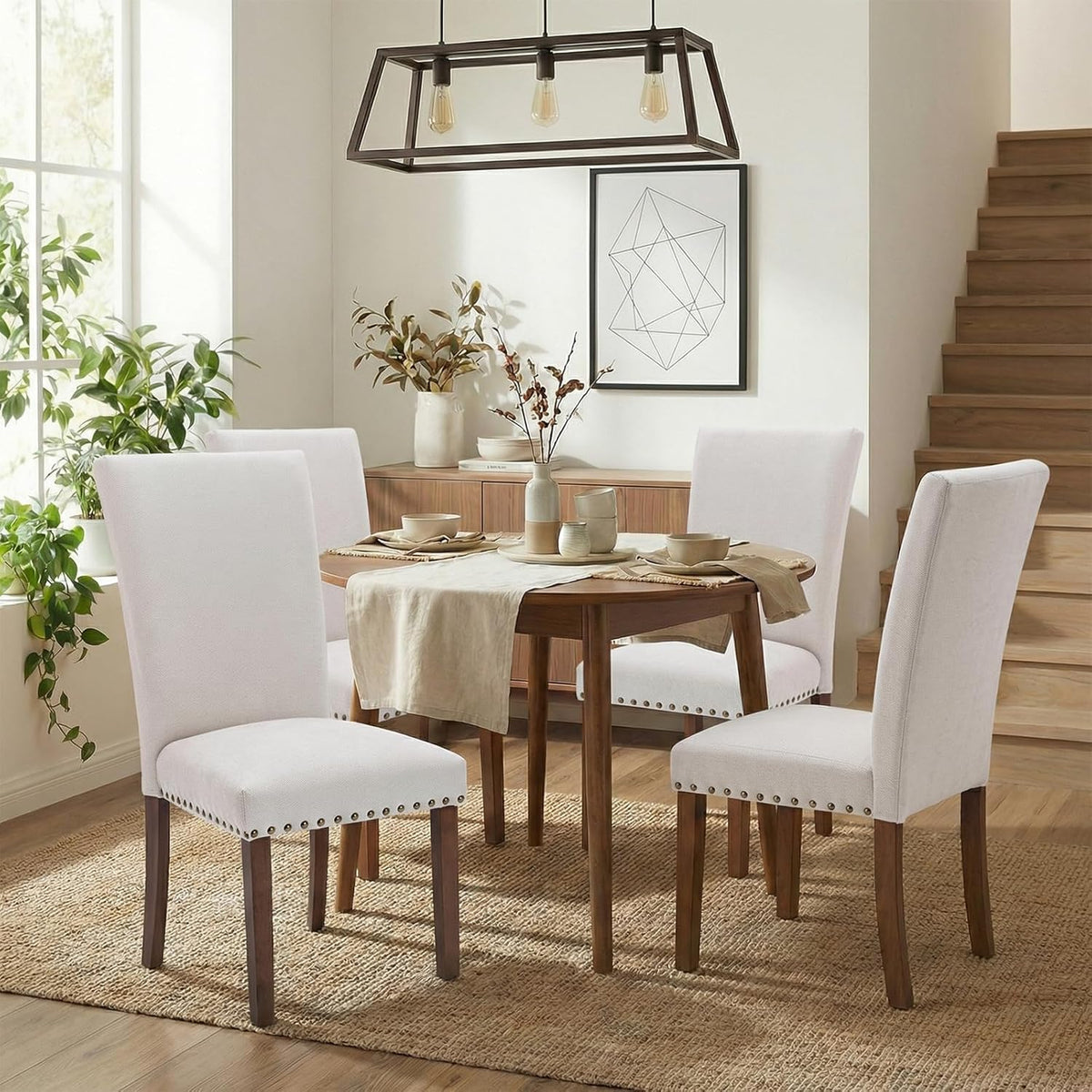 COLAMY Upholstered High Back Dining Room Chairs Set of 4 with Comfortable Padded Seat, Fabric Dining Chairs with Solid Rubber Wood Legs for Dining Room, Classic Gray Damask Pattern, Beige