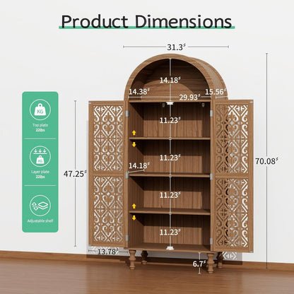 70" Tall Arched Storage Cabinet with 2 Hollow Carved Doors, Boho Kitchen Pantry with 5-Tier Storage Space, Modern Farmhouse Cupboard Bookcase for Living Room, Kitchen, Study, Walnut, 1 PCS