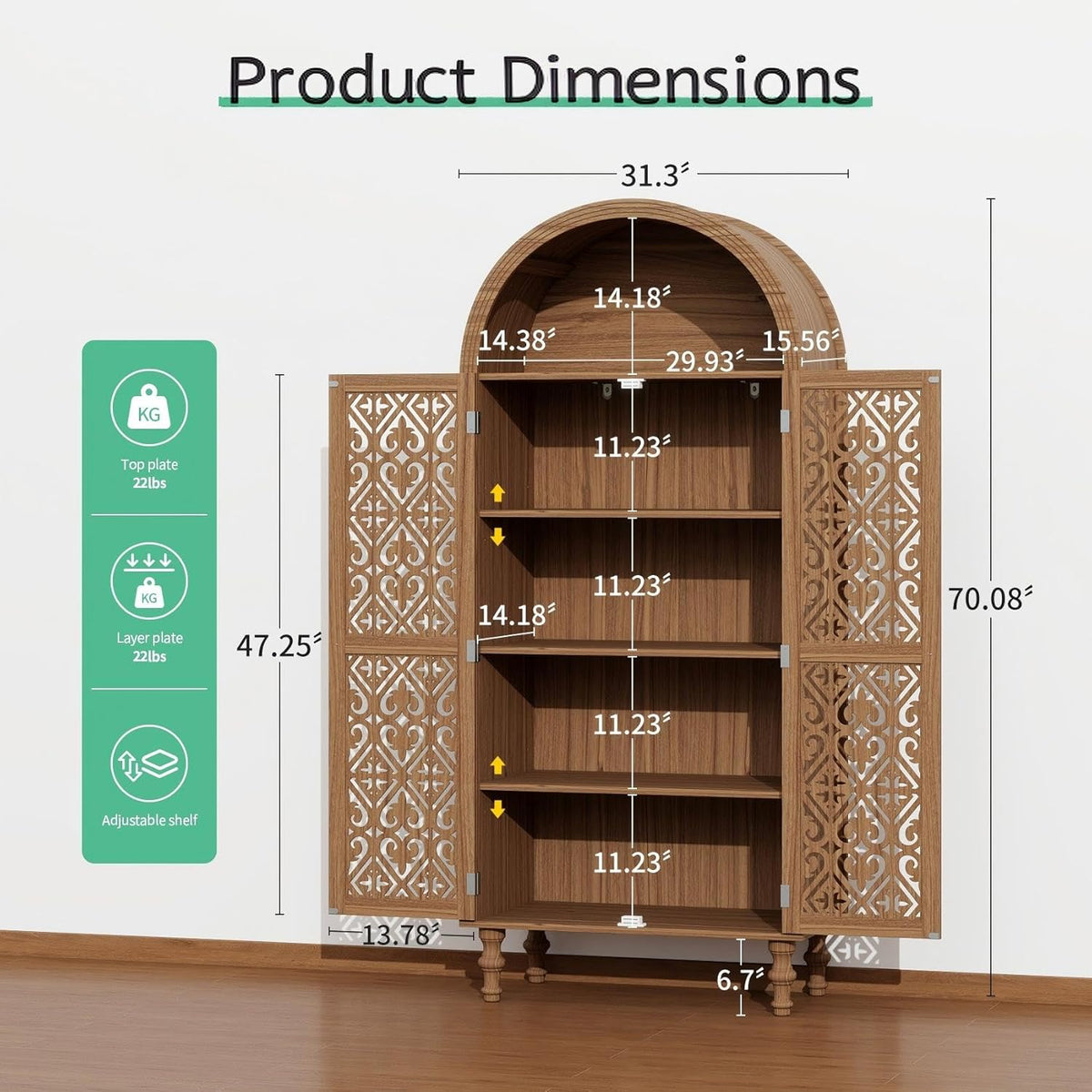 70" Tall Arched Kitchen Pantry with 5-Tier Storage Space, Boho Storage Cabinet with Hollow Carved Door, Modern Farmhouse Versatile Cupboard for Kitchen, Dining Room, Living Room, Walnut, 1 PCS
