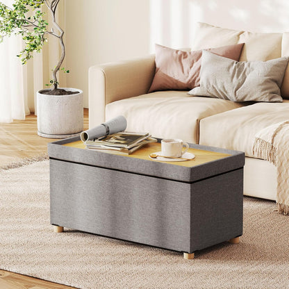 GOFLAME 30 Inches Storage Ottoman Bench, Linen Fabric Footstool with Flip Top Tray, Padded Foot Rest Stool, Rectangular Eed of Bed Bench, Storage Chest for Living Room, Entryway, Bedroom