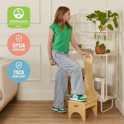 ECR4Kids Step Stool with Long Handle, One Step, Wooden, Montessori Furniture, Natural