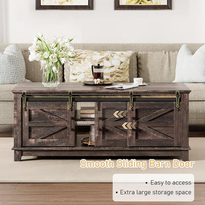 LUXOAK Farmhouse Table Set of 3, Coffee Table with Sliding Barn Doors, End Tables Set of 2 with Charging Station for Living Room & Bedroom, Sliding Barn Doors, 2 Tiers Storage Drawer, Dark Rustic Oak