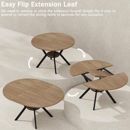 42"-58" Extendable Round Dining Table for 4-6, Kitchen Oval Table with Built-in Flip Leaf & Storage Shelf, Space Saving Modern Design with Sturdy Metal Legs for Kitchen, Living Room & Small Apartments