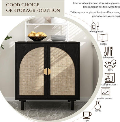 2 Doors Rattan Sideboard Cabinet– 31.5”L for Entryway/Living Room/Dining Console Table Storage, Moisture-Proof, Sturdy Golden Semi-Circular Metal Handles