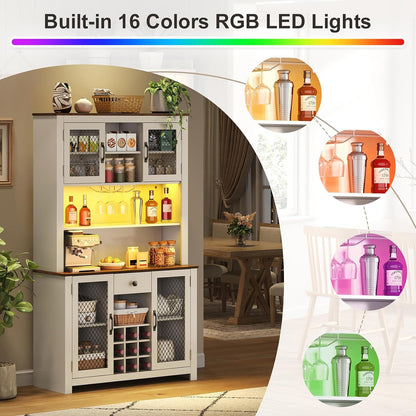 71" Tall Kitchen Pantry Cabinet with Charging Station 47" Wide Countertop Kitchen Hutch Cabinets with LED Light, Large Pantry Storage Cabinet with Shelves and Wine Rack, White