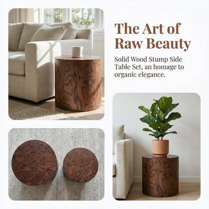 Round Nesting Coffee Table Set of 2, Modern Circle Accent End Table | Wooden Side Table, Small Drum Center Table, Natural Swirl Grain Rustic Side Set for Living Room, Small Space, No Assembling