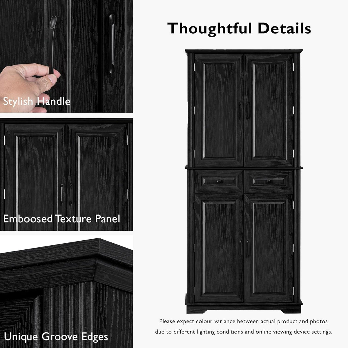 Tall Kitchen Pantry with 3 Pull Out Storage Organizers,Farmhouse Embossed Texture Storage Pantry with 6 Door Shelves,Freestanding Cupboard for Kitchen,Dining Room (Black-PC)
