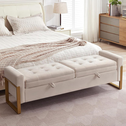 67" Storage Bench for Bedroom, End of Bed Bench King Size, Beige | Double Lids Storage Ottoman Bench with Golden Legs, Upholstered Velvet Bench for Foot of Bed Window Living Room Entryway
