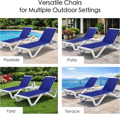 Kozyard Outdoor Chaise Lounge Chair, Full Flat Adjustable Patio Lounger with Aluminum Frame & Resin Legs, Textilene Fabric for Poolside, Backyard & Beach (NavyBlue, 2Chairs + Table)