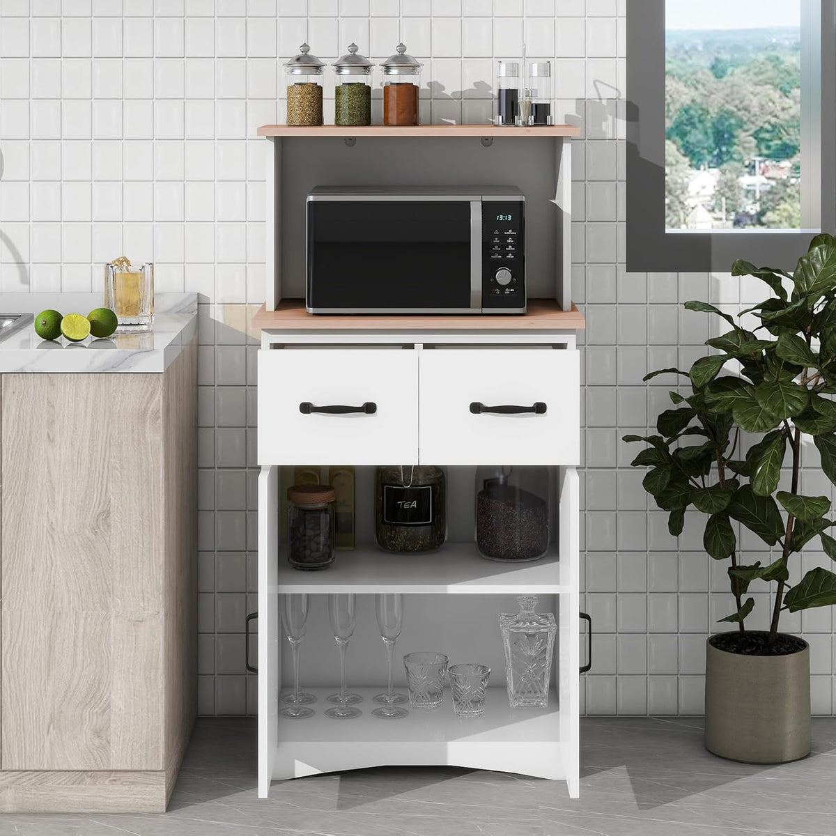 Modern Kitchen Pantry Cabinet, Storage Cabinet with Drawers, Wooden Coffee Bar Cabinet, Sideboard Buffet Cabinet for Dining Room Living Room Kitchen, White