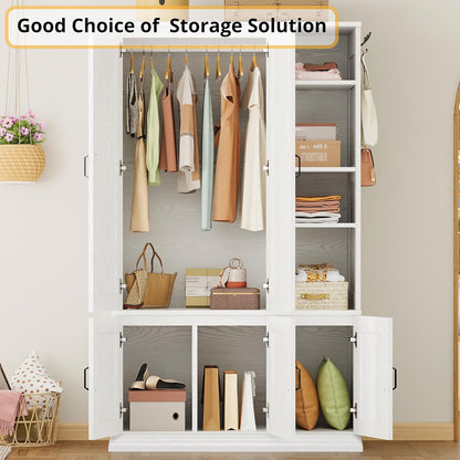 LIKIMIO Armoire Wardrobe Closet 70" H, 5 Doors for Bedroom, White | Wooden Wardrobe with 4 Storage Shelves and Hanging Rod, Clothing Storage Cabinet Organizer Combination