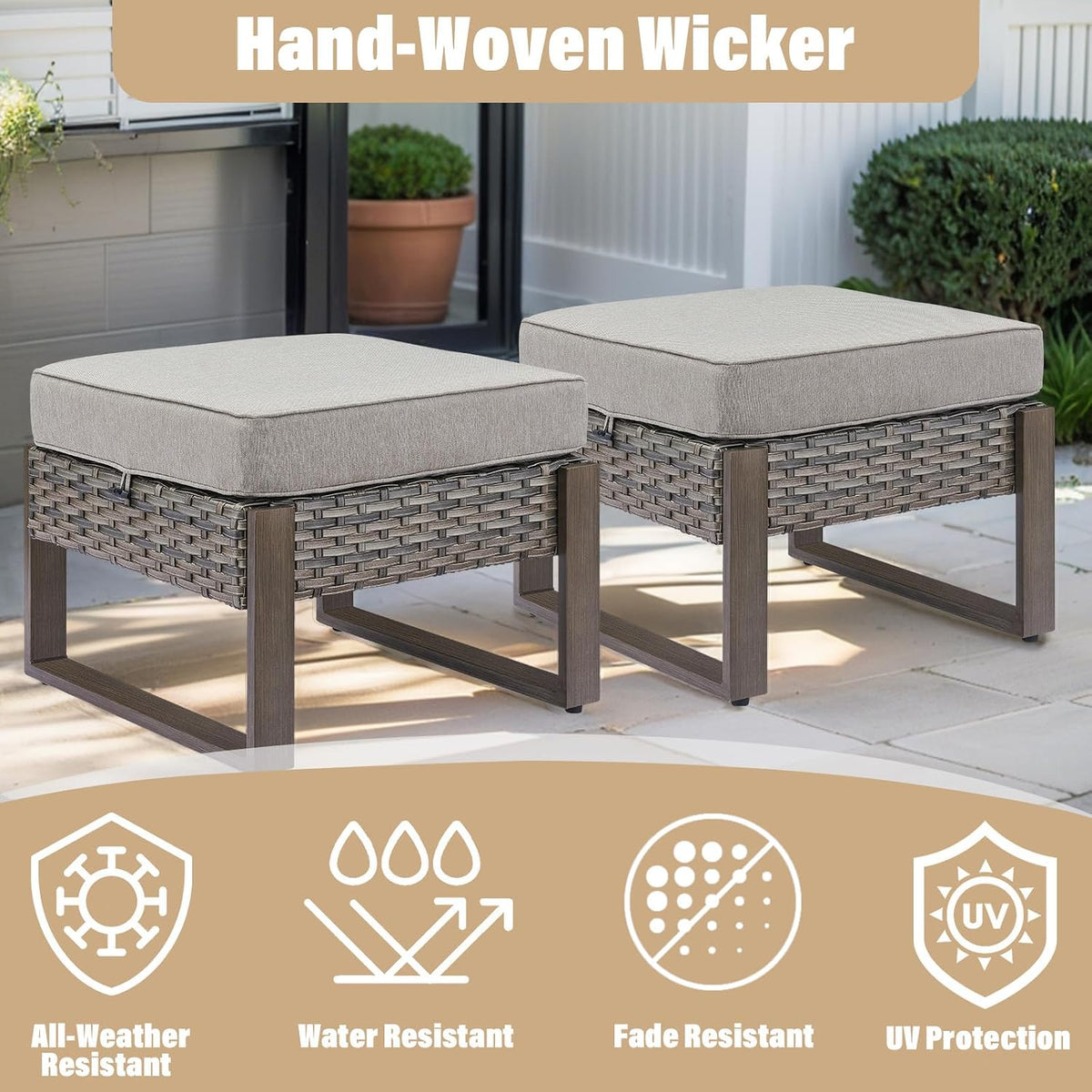 HUMMUH Patio Ottomans Outdoor Foot Rest-All Weather Rattan Outdoor Footstool with Removable Cover Cushions for Deck Porch Garden Balcony Poolside-Grey/Grey