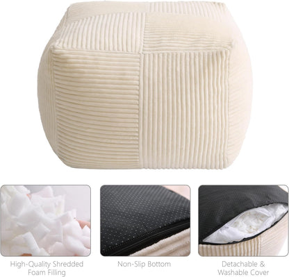 Corduroy Pouf Ottoman Foot Rest, Square Floor Pouf with Removable Cover, Soft Foam-Filled Foot Stool with Non-Slip Bottom for Living Room, Bedroom & Lounge