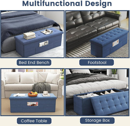Giantex 43 Inches Folding Storage Ottoman Bench, Upholstered Storage Chest with Side Pocket, Divider, End of Bed Bench, Collapsible Ottoman Foot Rest for Living Room, Bedroom & Entryway (Navy)
