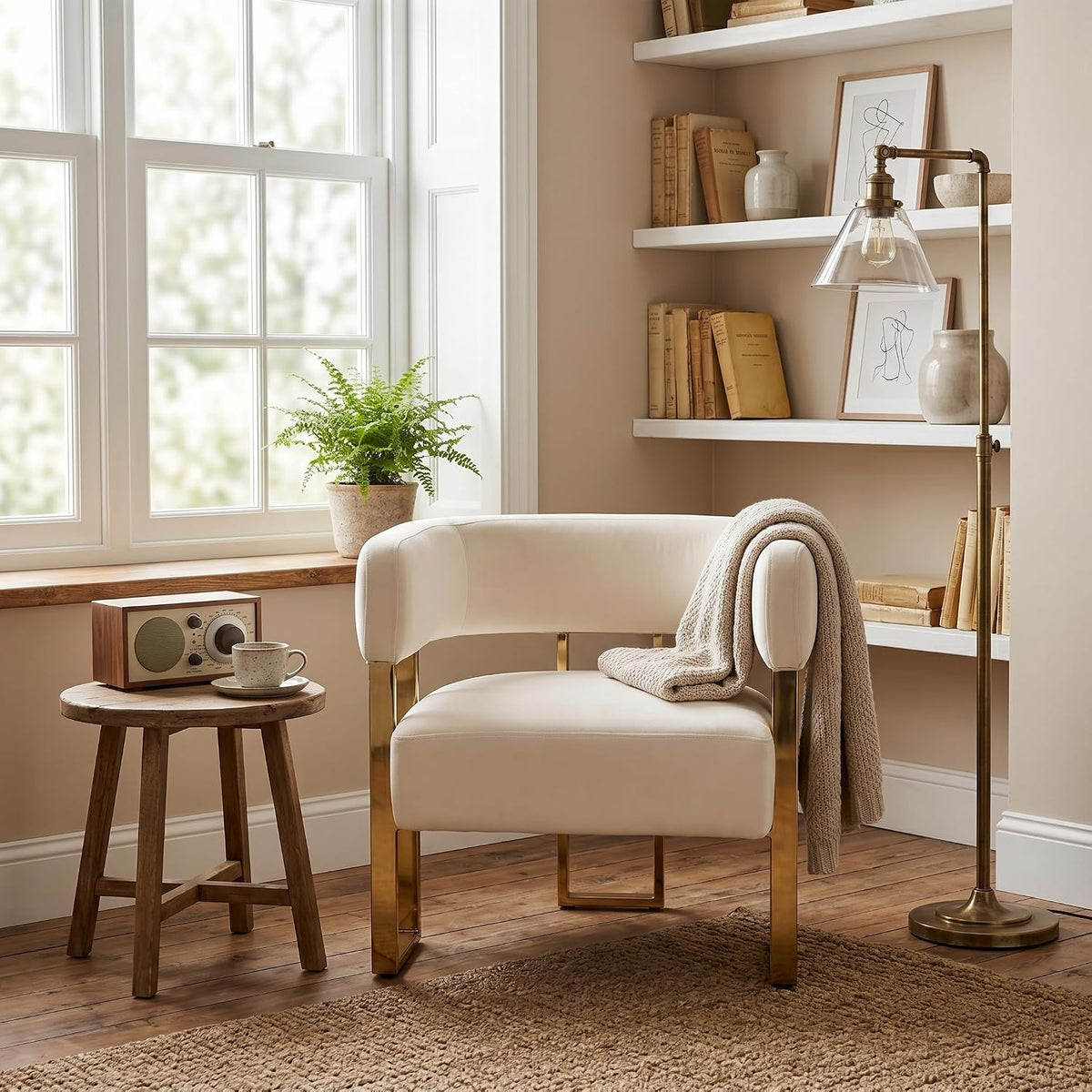 Modern Barrel Accent Chairs Set of 2, Living Room Side Chairs with Golden Metal Legs, Soft Velvet Reading Armchairs for Bedroom, Upholstered Club Chairs for Reception Room/Office, Ivory