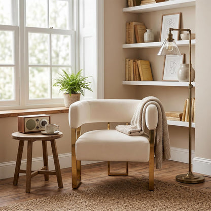 Modern Barrel Accent Chairs Set of 2, Living Room Side Chairs with Golden Metal Legs, Soft Velvet Reading Armchairs for Bedroom, Upholstered Club Chairs for Reception Room/Office, Ivory