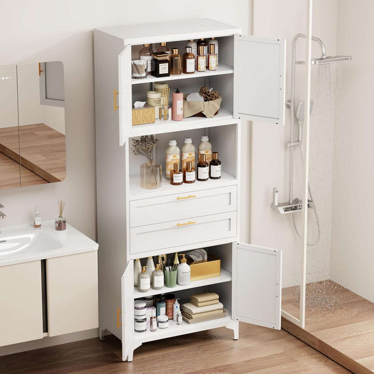 75” Tall Kitchen Pantry Storage Cabinet, Metal Bathroom Storage Cabinet with 2 Drawers and Adjustable Shelves, Kitchen Pantry Cupboard, Freestanding Cupboard for Bathroom, Living Room (White)