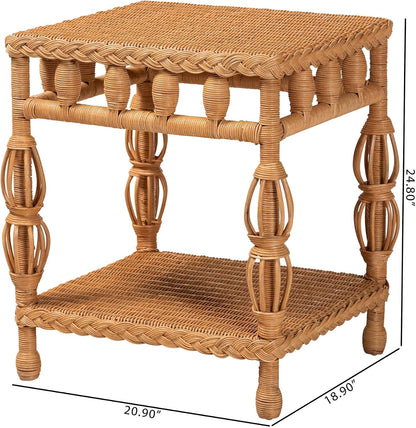 Bali & pari Dolby Natural Rattan End Table - Handwoven Wicker Side Table with Lower Shelf, Coastal Boho Style Accent Table for Living Room or Bedroom