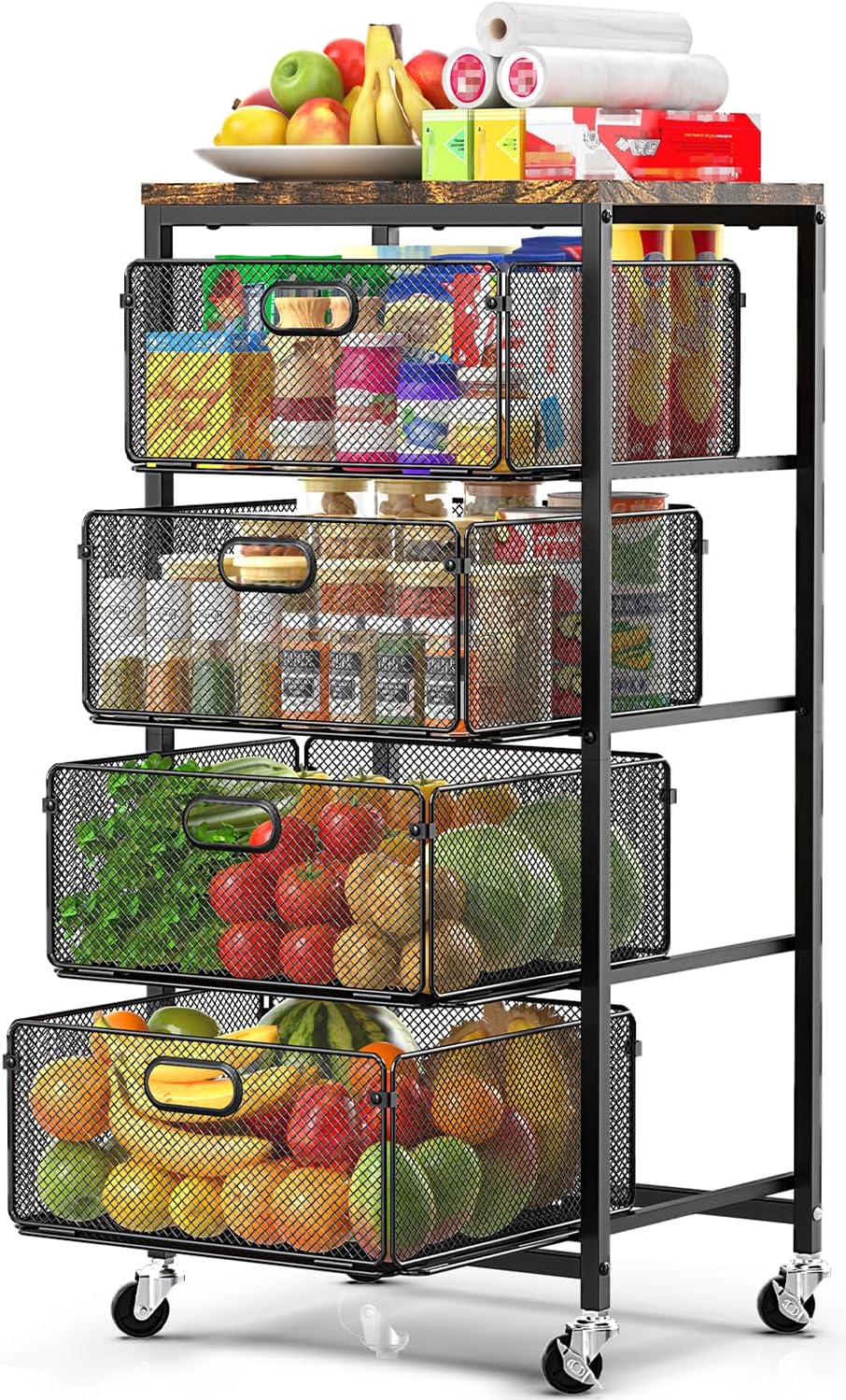 SUNALLY Rolling Kitchen Cart with Drawers, 4-Tier Utility Cart Fruit Vegetable Storage Cart with Lockable Wheels, Wooden Top Metal Kitchen Storage Organizer for Cans, Snacks, Beauty, Craft, Art, Black