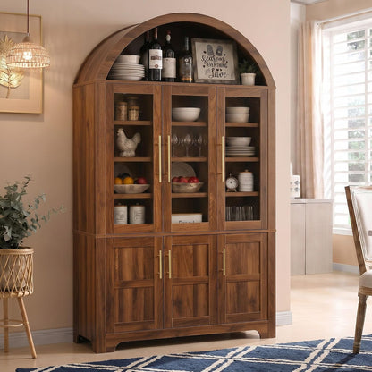 73" Tall Arched Kitchen Pantry with Three Glass Doors,Door Shelves & Adjustable Shelves, Tall Cupboard for Dining Room, Bathroom (Walnut-CW)