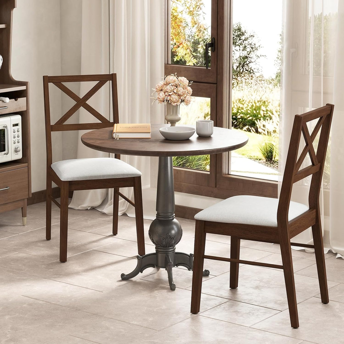 GOFLAME Dining Chairs Set of 4, Upholstered Kitchen Side Chairs with Rubber Wood Frame, Padded Seat, Cross Back, Farmhouse Armless Dinette Chairs for Dining Room, Living Room, Brown & White