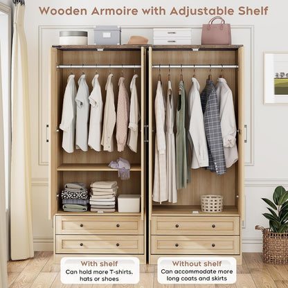 Brafab 2 Doors Wooden Armoire Wardrobe Closet with 2 Drawers, Natural | 2 Modern Doors, Freestanding, with Drawers and Hanging Rail, Wooden Storage Cabinet with Shelf, for Bedroom