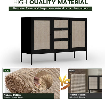 Rattan Sideboard Buffet Cabinet with 2 Doors & 3 Drawers, Mid Century Modern Credenza with Adjustable Shelves, Boho Storage Cabinet for Living Room, Hallway & Kitchen (Black, 47 inch)