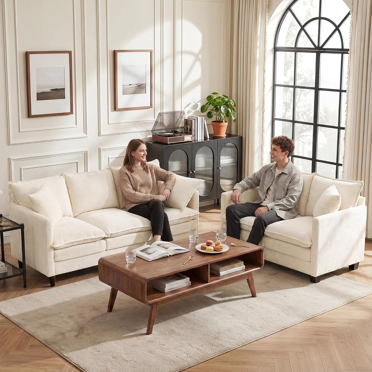 3 Seater Couch & Loveseat Sofa 2 Piece Set, Small 50" Love Seat & 69" Cloud 3 Seat Couch Sofa Set Washable Chenille Pillow Living Room Set for Apartment Office 50-Beige-3+2