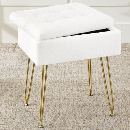 BRIAN & DANY Vanity Stool, Sherpa Vanity Stool Chair with Storage, Rectangle Makeup Chair Soft Padded Seat with Legs for Bedroom (White)