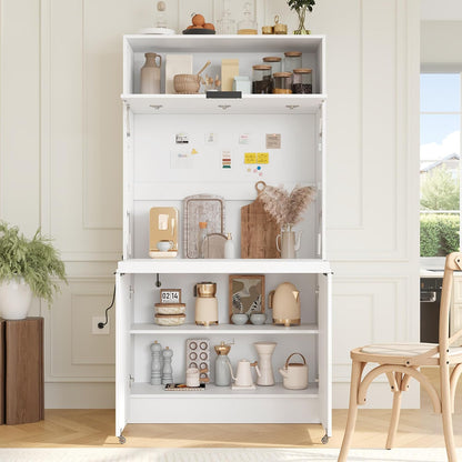 Tall Pantry Cabinet with Power Outlet, Multifunctional Cupboard with Adjustable Shelf, Hutch and Foldable Workstation for Dining Room, Living Room (White)