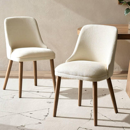 HULALA HOME Dining Chairs Set of 2, Ivory Fabric Upholstered Dining Room Chairs Set with Solid Wood Legs, Paded Back, Modern Kitchen Accent Chairs for Living Room Bedroom Reception