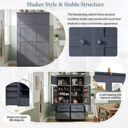 Freestanding Kitchen Pantry with Drawers, Shelves & Pull-out Trays,Gray | Freestanding tall unit with 8 door shelves, 4 pull-out trays, 6 drawers, gray finish, for dining room use