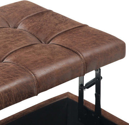 SIMPLIHOME Harrison 36" Wide Vegan Leather Lift Top Ottoman in Saddle Brown | Distressed saddle brown, transitional lift-top ottoman with hidden storage for living room; square footstool or coffee table.