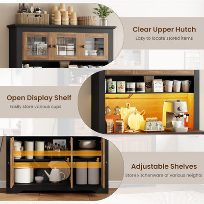 GAOMON 69" Pantry Cabinet with LED Light & Charging Station, Kitchen Pantry Storage Cabinet with Drawer & Adjustable Shelves, Coffee Bar Table for Kitchen Room, Living Room, Dining Room, Black