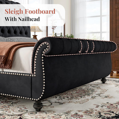 Jocisland Queen Size Bed Frame with Sleigh Headboard & Footboard, Black