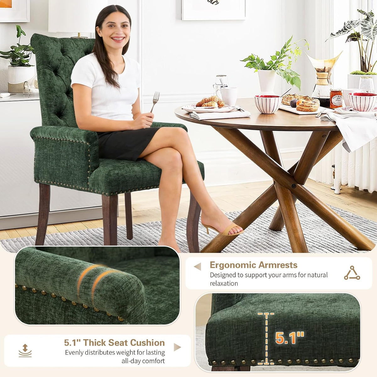 cinkehome Set of 6 Upholstered Dining Chairs, Dining Room Kitchen Chair with Armrest and Solid Wood Leg, Mid Century Modern Side Chairs (Olive Green, Chenille)