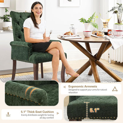 cinkehome Set of 6 Upholstered Dining Chairs, Dining Room Kitchen Chair with Armrest and Solid Wood Leg, Mid Century Modern Side Chairs (Olive Green, Chenille)