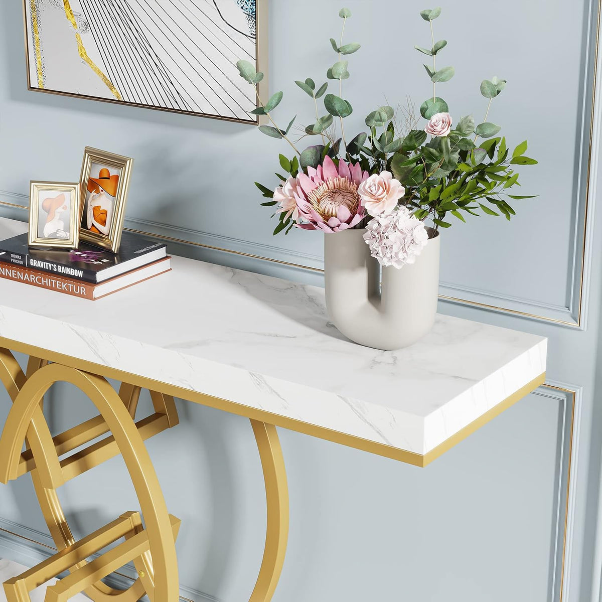 Tribesigns 55 Inch Console Table for Hallway, Faux Marble Gold Entryway Table with Geometric Metal Base, Modern Narrow Sofa Accent Table for Entrance, Living Room, Foyer (White & Gold)
