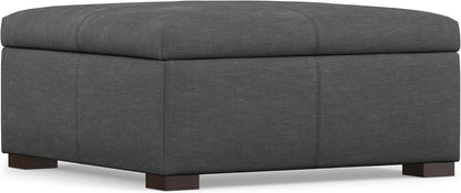SIMPLIHOME Gabbie 36" Wide Linen Look Fabric Storage Ottoman in Slate Grey | Contemporary ottoman with lift-top storage; rectangle storage bench for living room, bedroom, and entryway.