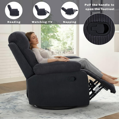 Rocking Recliner Chair,Modern Swivel Glider Recliner Chair,Corduroy Fabric Upholstery Recliner,Manual Reclining Sofa Chair for Living Room,Office,Apartment (Dark Grey)