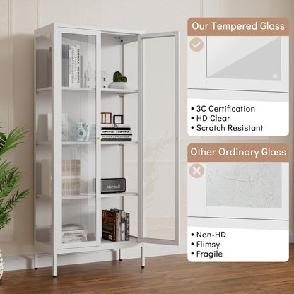 Polup Glass Display Cabinet with Glass Doors, White Curio Cabinet with 3 Side Tempered Glass, 66" Tall Bookcase Display Case for Collectibles, Metal Storage Cabinet for Living Room, Assemble Required
