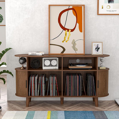 Large Walnut Record Player Stand with Charging Station, Mid-Century Turntable Stand Table, Vinyl Record Player Storage Cabinet for Bedroom, Living Room, Office