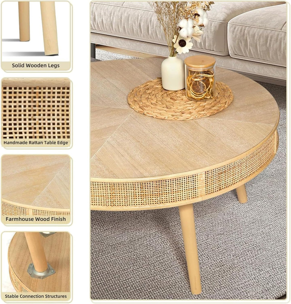 RUSTOWN 2-Piece Round Coffee Table Set with Rattan Accent, Soild Wood Leg, Farmhouse Modern Side Tables for Living Room, Boho Decor, Natural Finish