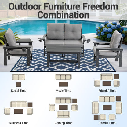 HDPE Patio Armchairs Set of 2 w/Cup Holeder, Outdoor Sectional Couch w/Thick Gray Cushions, Deep Seating Single Sofa for Garden, Deck, Front Porch, Grey