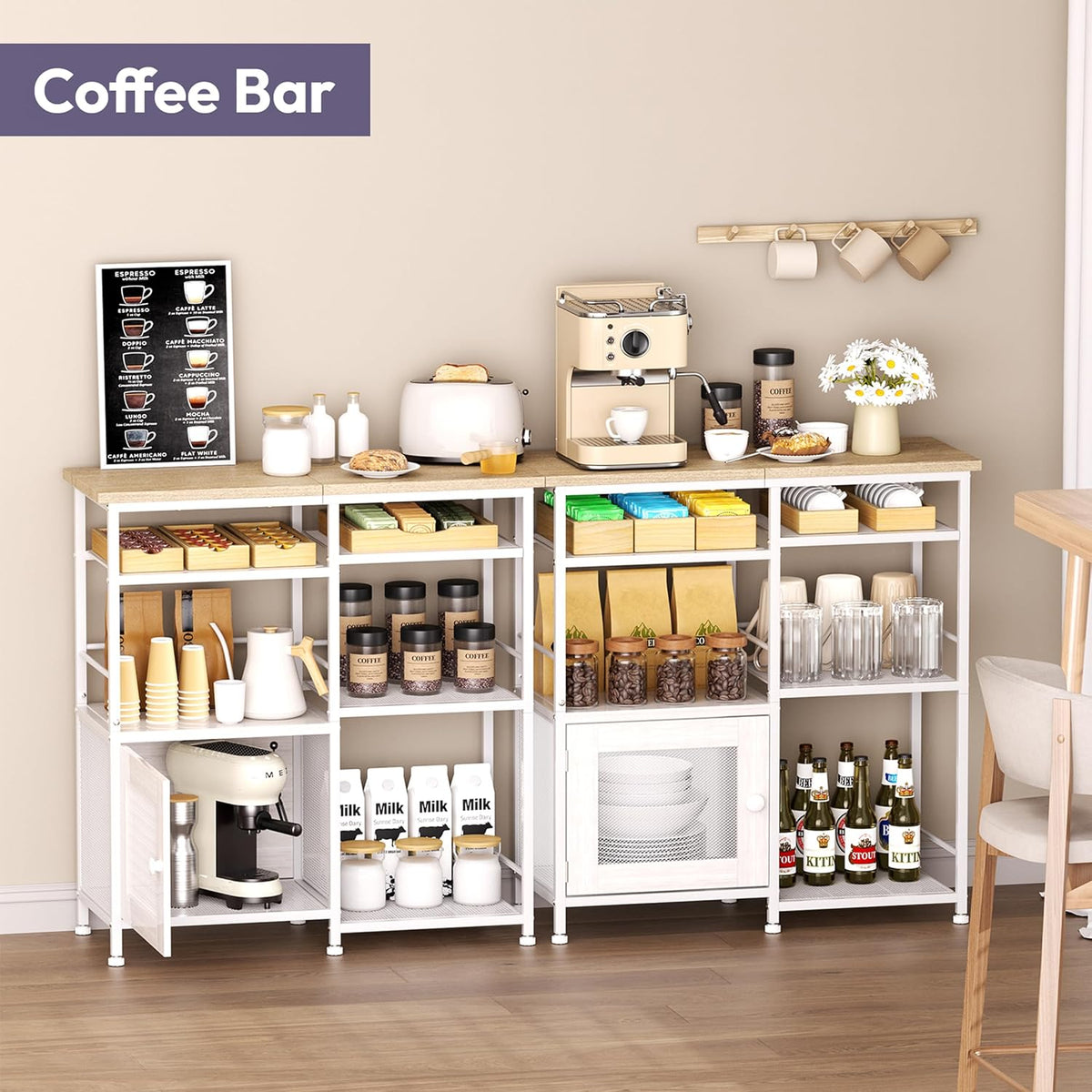 SWTYMIKI Coffee Bar Cabinet Station - Farmhouse Small Coffee Stand Station with Doors, Rustic Storage Organizer for Kitchen, Buffet Sideboard Cabinet Table for Home, Office, Corner, Bar, White