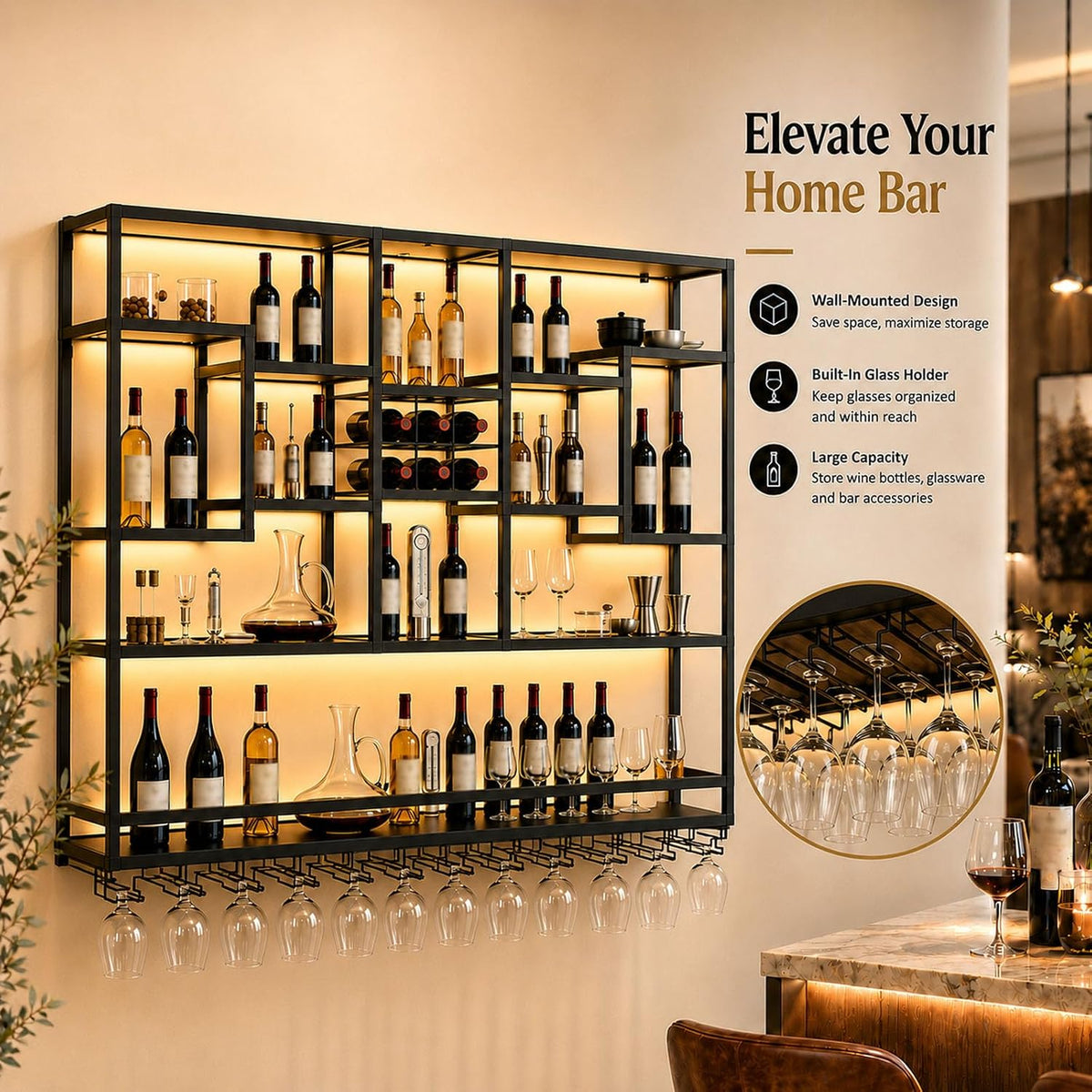 71in LED Wall Mounted Wine Rack with Stemware Holder and Wood Shelves | Combines warm LED lighting, 176 lb capacity and spacious bottle storage to create a practical, organized home bar display