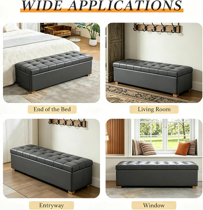 Aoiy & Wifon 60.2'' W Storage Ottoman Bench, PU Upholstered Ottoman with Storage, End of Bed Storage Bench with Wood Legs for Bedroom, Entryway, Window, Living Room, Gray