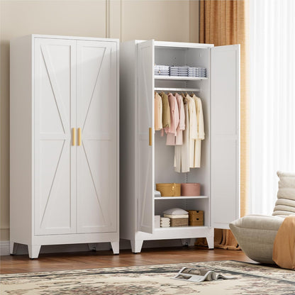 LCAOPC 71" Tall Metal Wardrobe Closet with Adjustable Shelves and Hanging Rod, 2 Doors Free Standing Armoire Wardrobe Cabinet for Bedroom, Office, Laundry Room, White