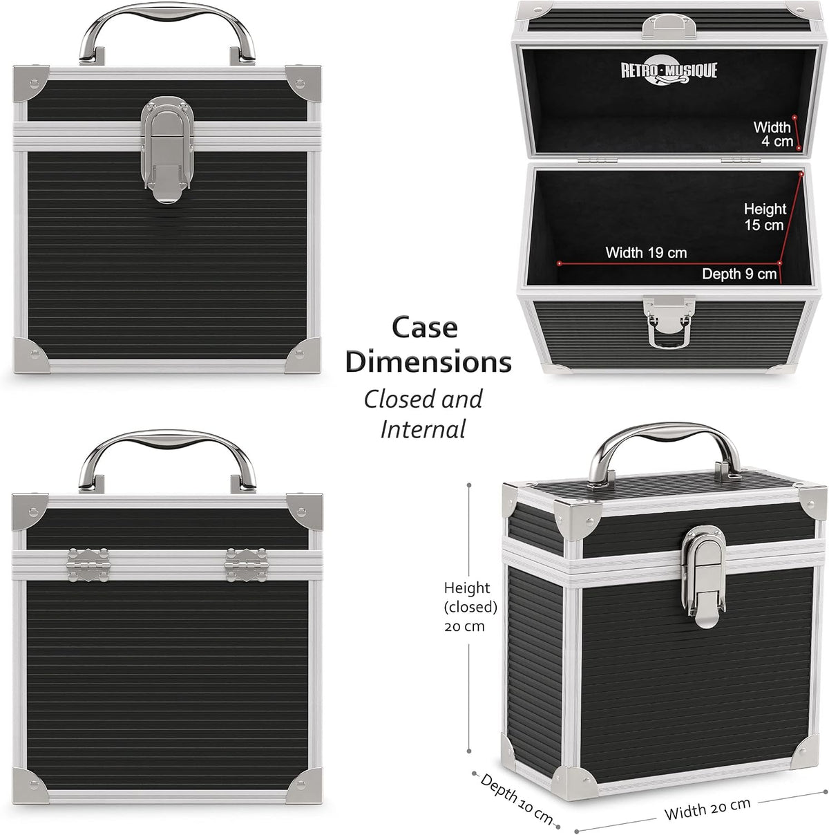 Aluminium 7" Vinyl Record EP Storage Case Holds up to 35 EPs (in PVC Sleeves) includes 35 Vinyl Record Outer Sleeves, Black, Retro Chic
